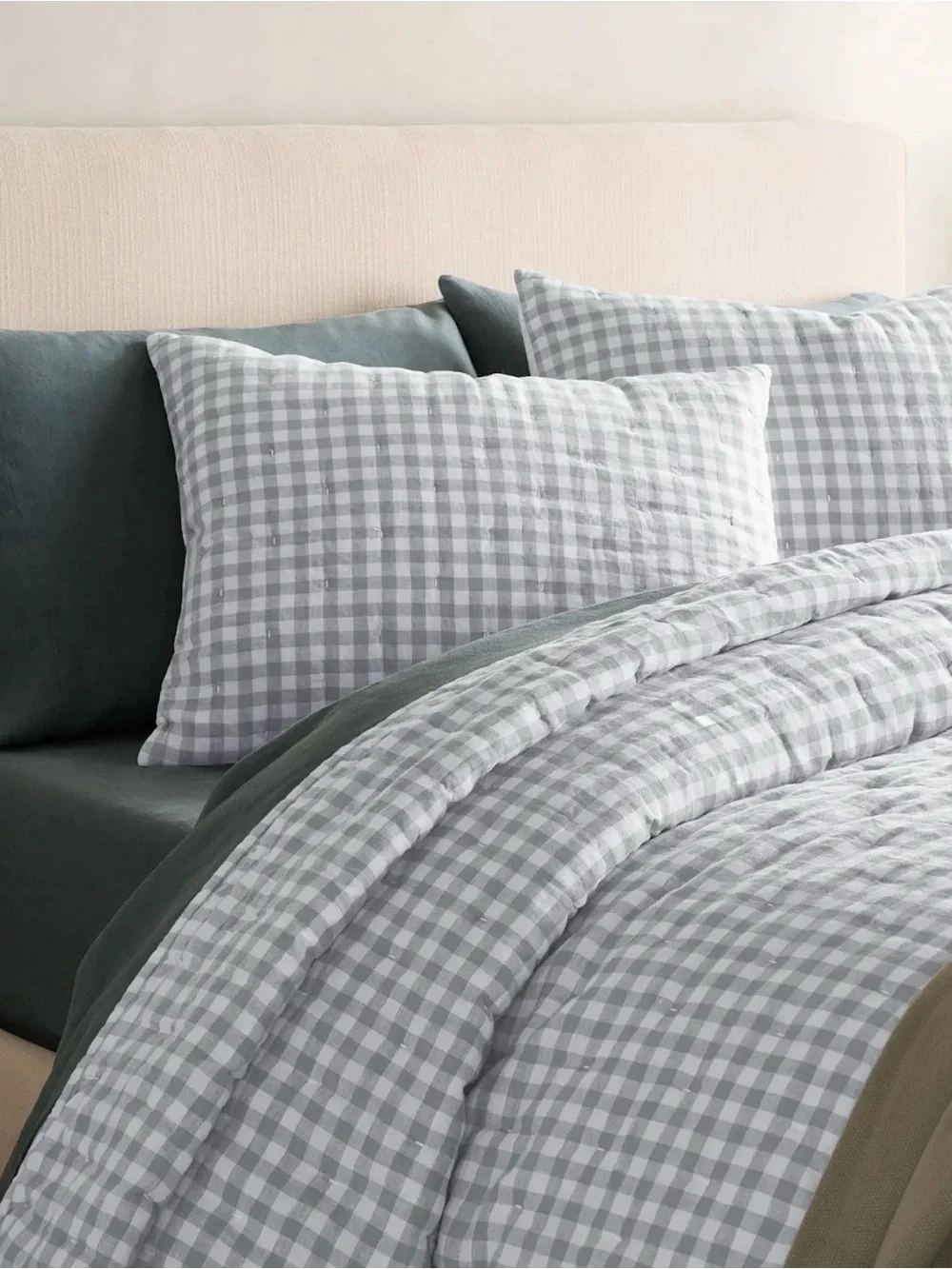 Light Blue Full/Queen Linen Gingham Quilt - Retail $170